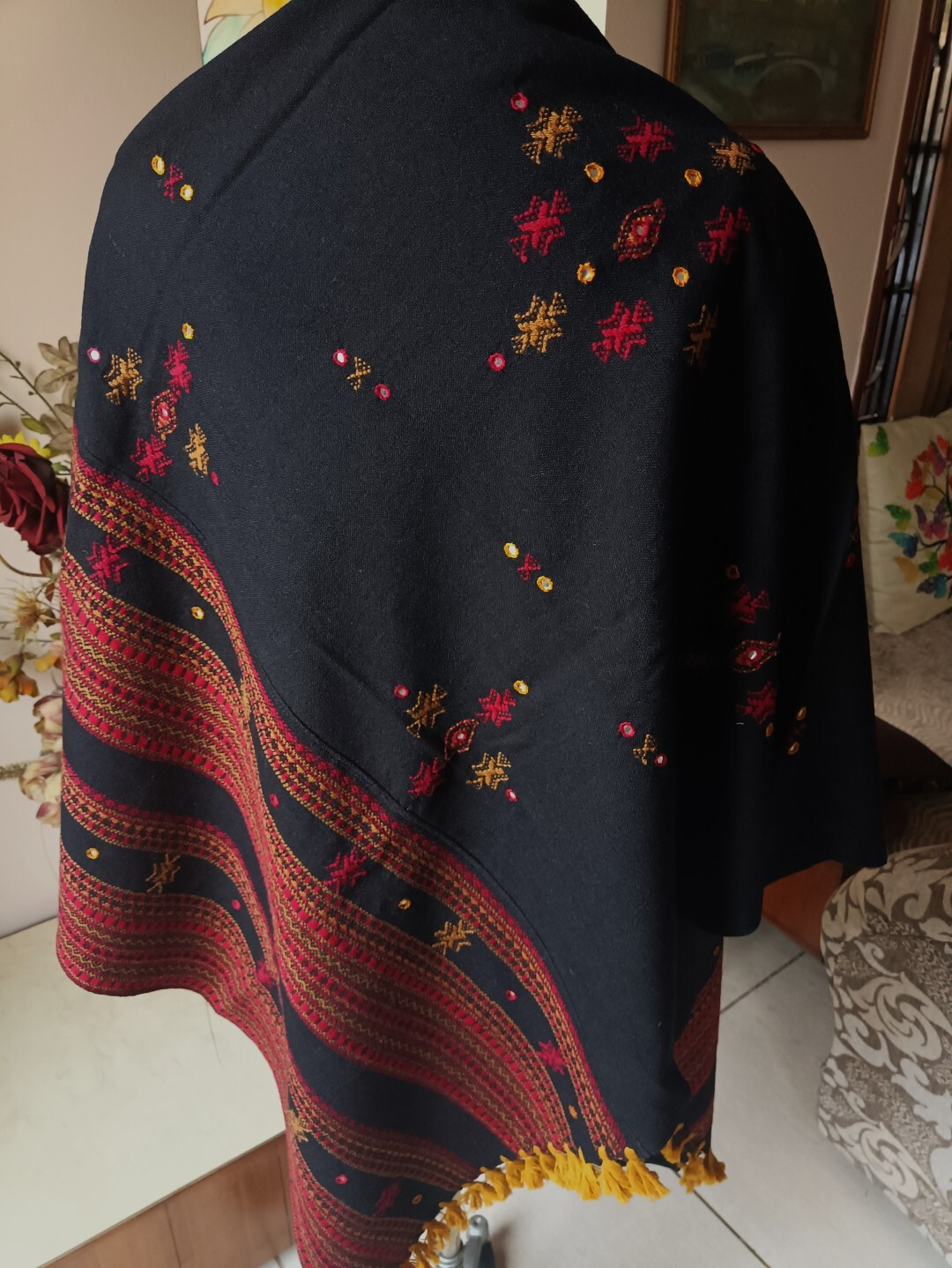 Traditional Tribal RAJASTHANI Shawl. Jacquard Design Mirrorwork Wool Blend Wrap.
