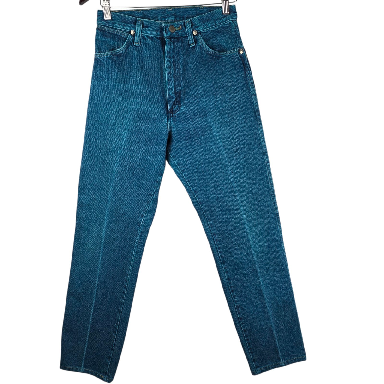 Vintage Wrangler High Waisted Jeans Acid Wash Teal 7×34 USA Made Womens Cowgirl