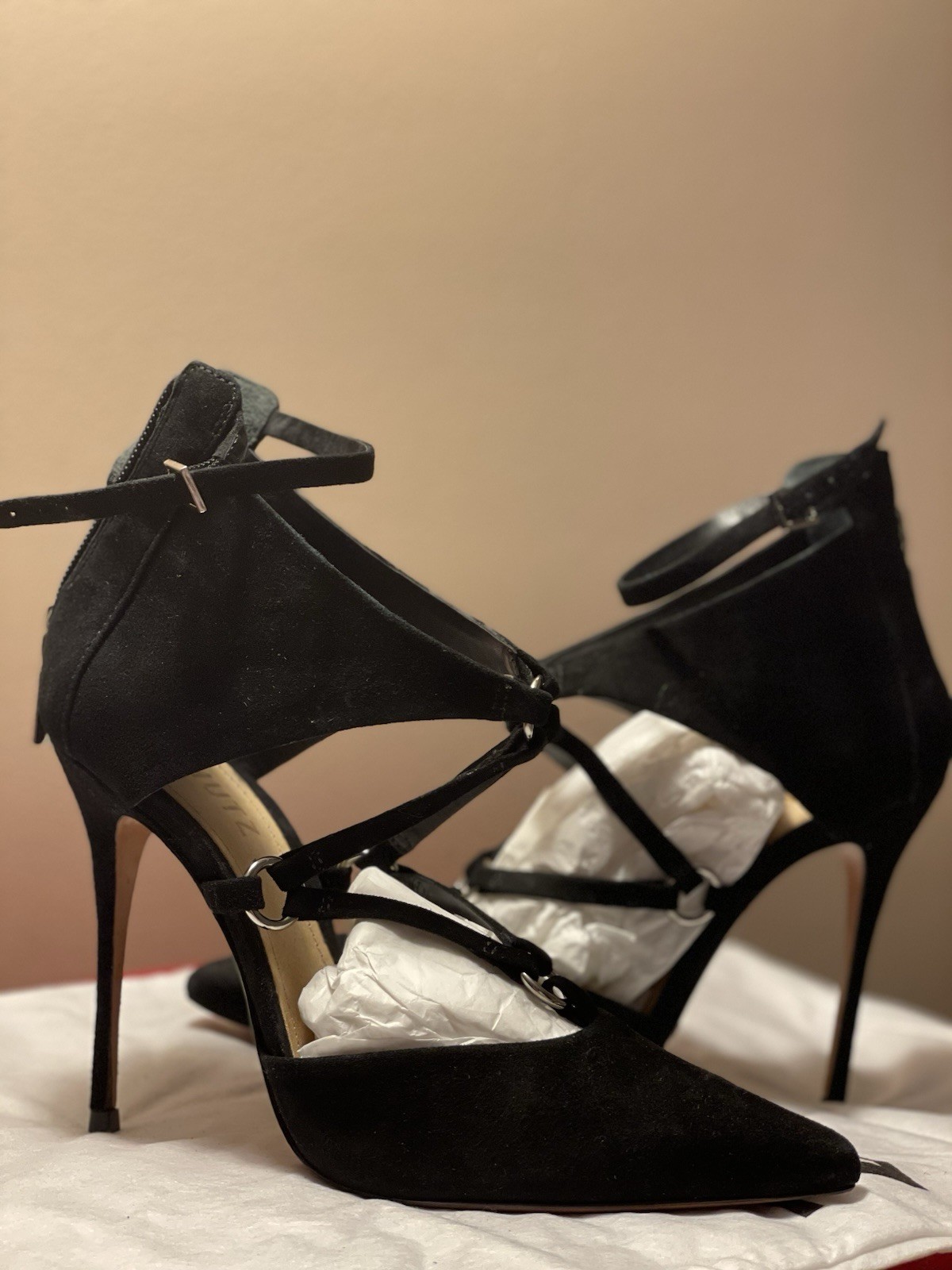 SCHUTZ Suede Strappy Pointed Toe Ankle Strap Buckle Zip Heels 6.5 Black