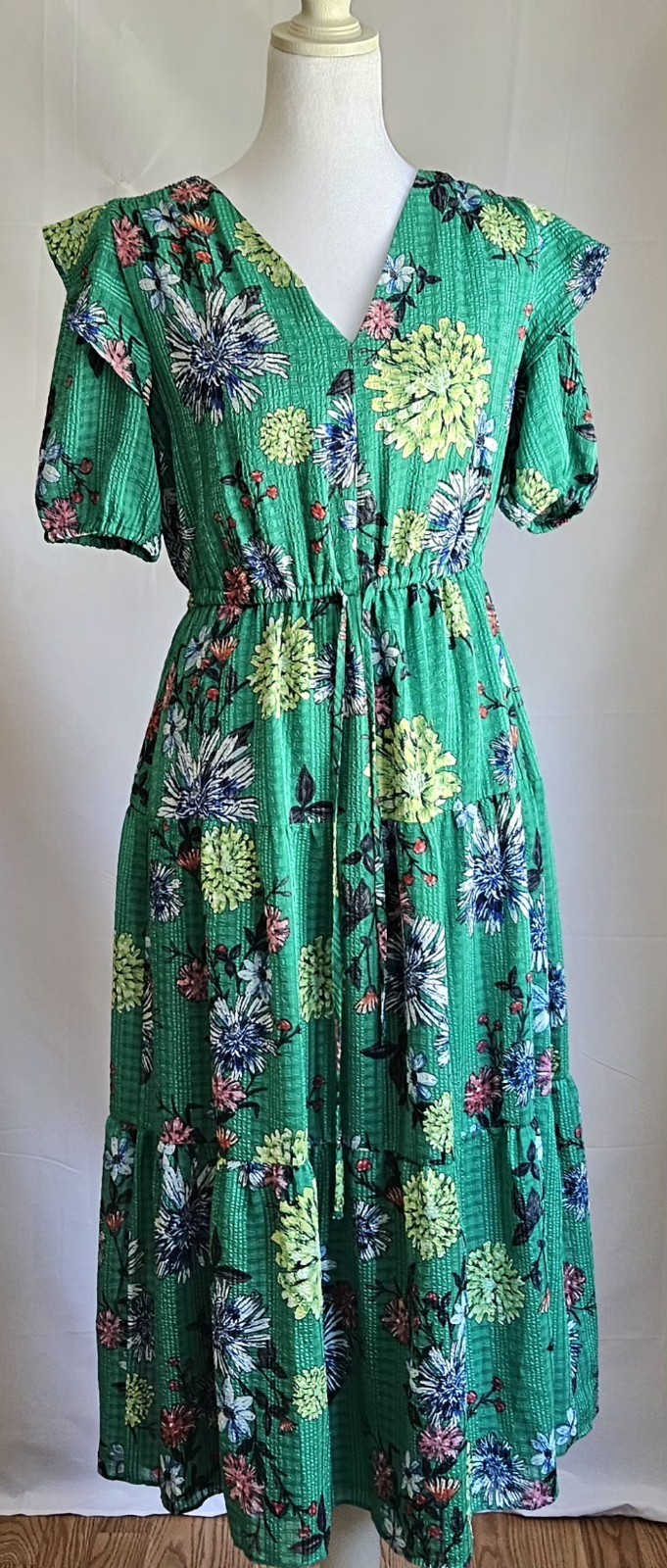 ​LOFT Floral Tiered Midi Dress Green Ruffle Sleeve Size XS