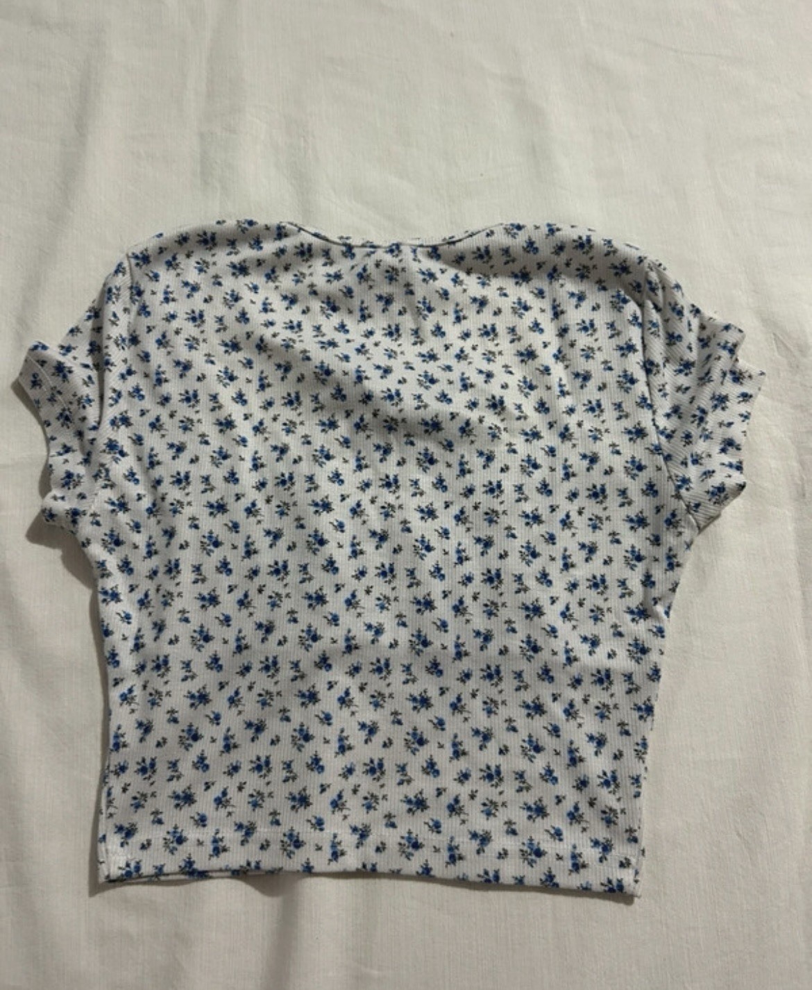 SHEIN White Blue Floral Knit Square Neck Short Sleeve Crop Blouse Tie Bow Ruffle