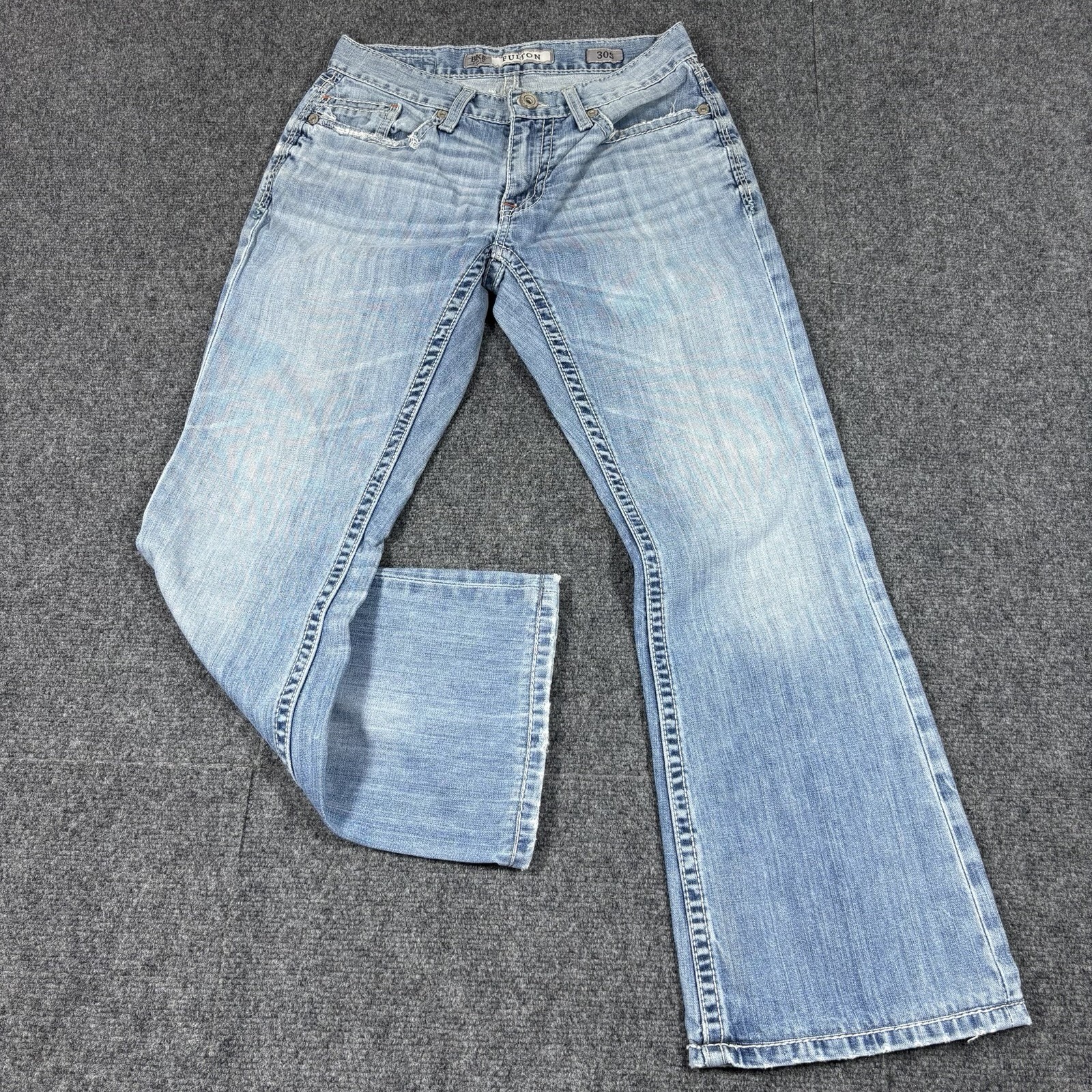 Buckle Jeans Mens 30s (30×28) Blue BKE Fulton Bootcut Denim Whiskers Cowboy