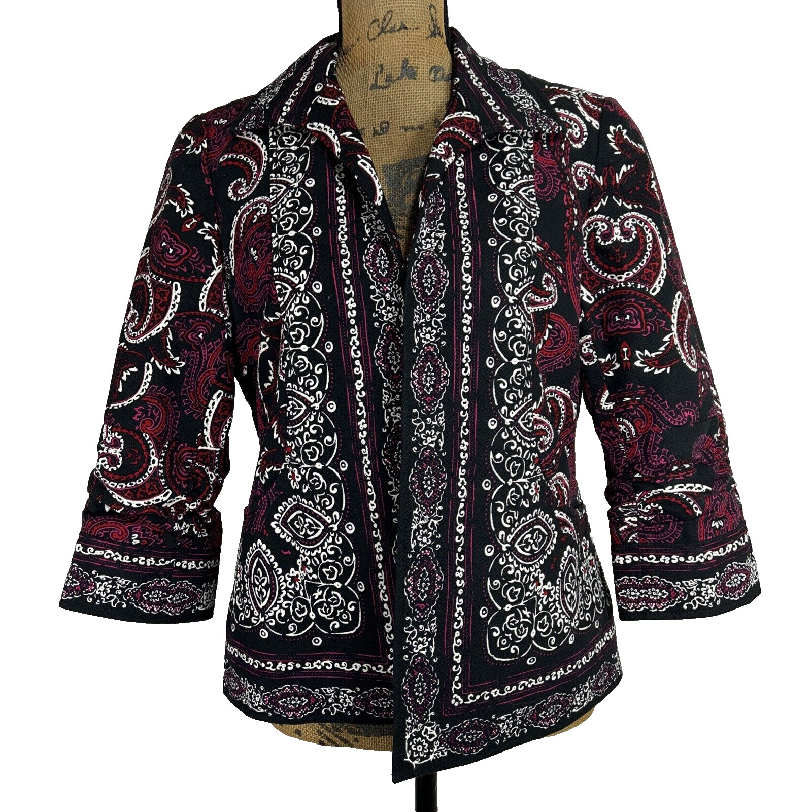 Coldwater Creek Jacket 10 Black Pink Red White Paisley Open Front Pocket Lined