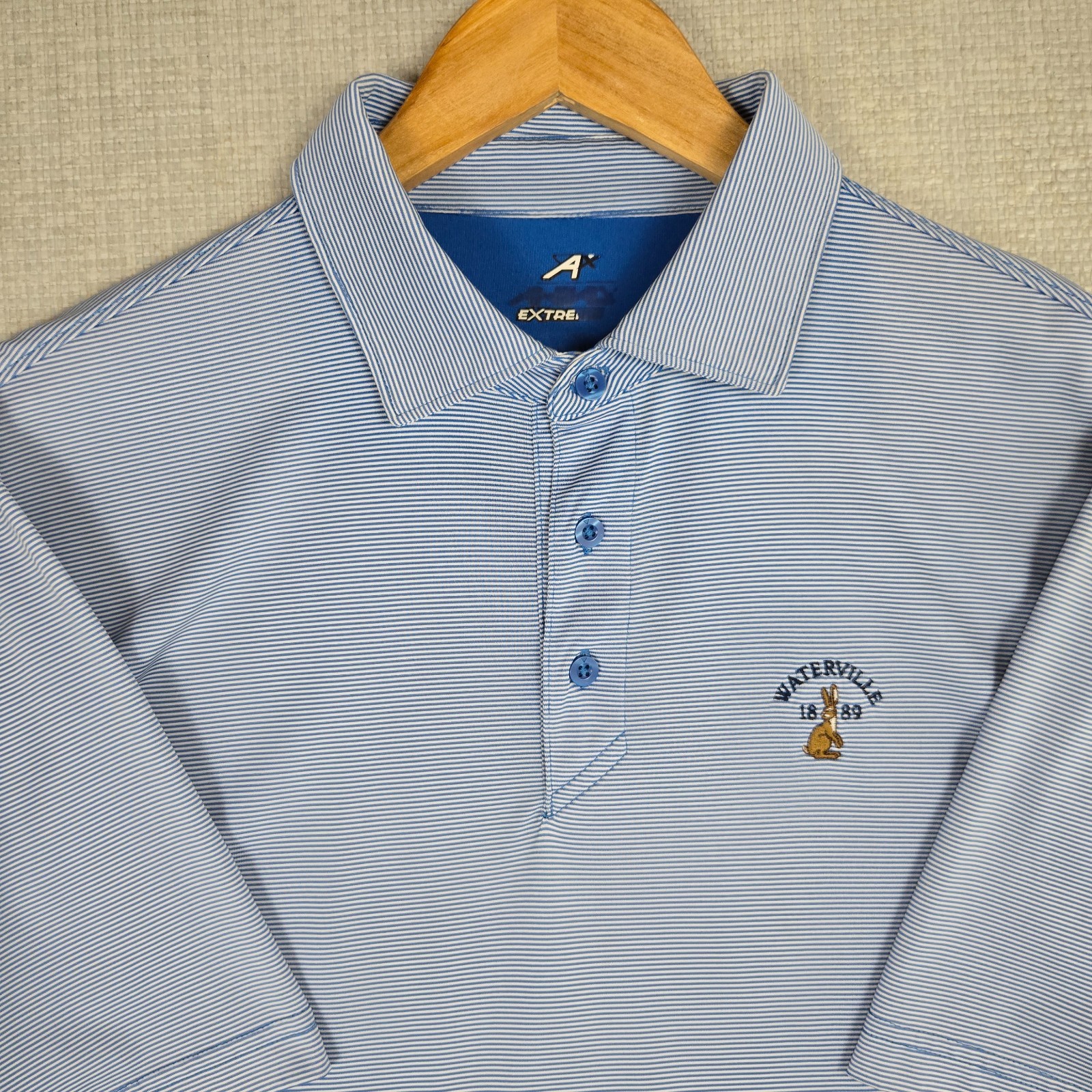 AHEAD EXTREME x WATERVILLE IRELAND Mens Size Large Polo Shirt Blue Stripe Golf