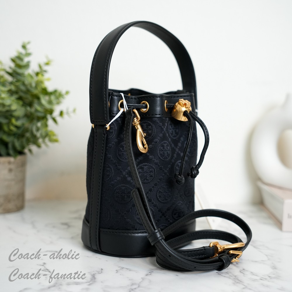 Tory Burch T Monogram Mini Bucket Bag Crossbody in Black NWT