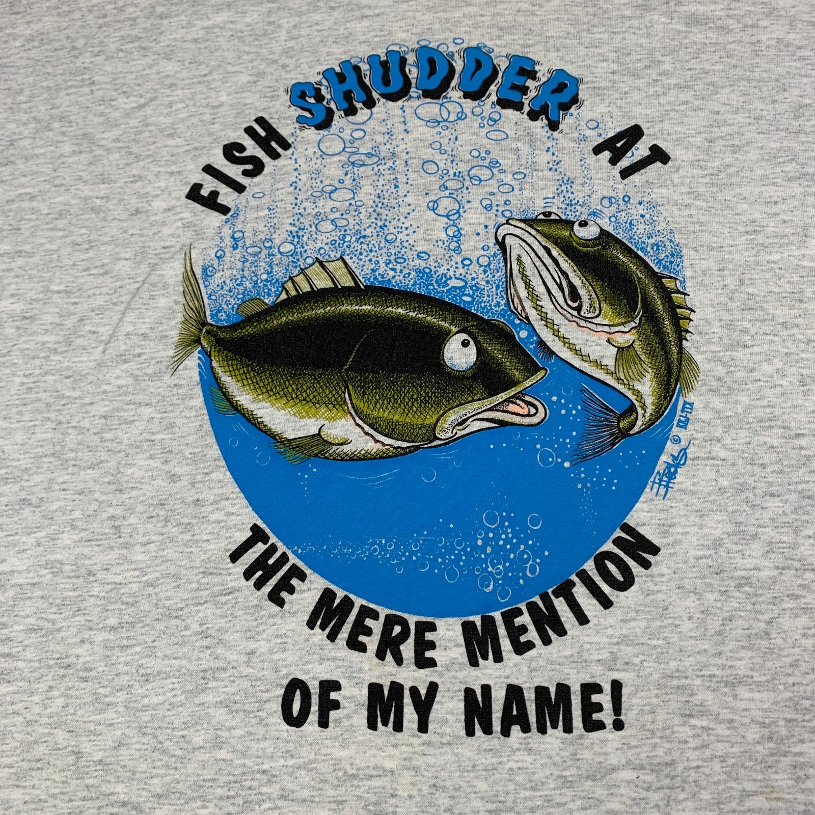 Vintage 90s Fish Art T-Shirt Mens Sz XL Single Stitch Gray Fruit of the Loom