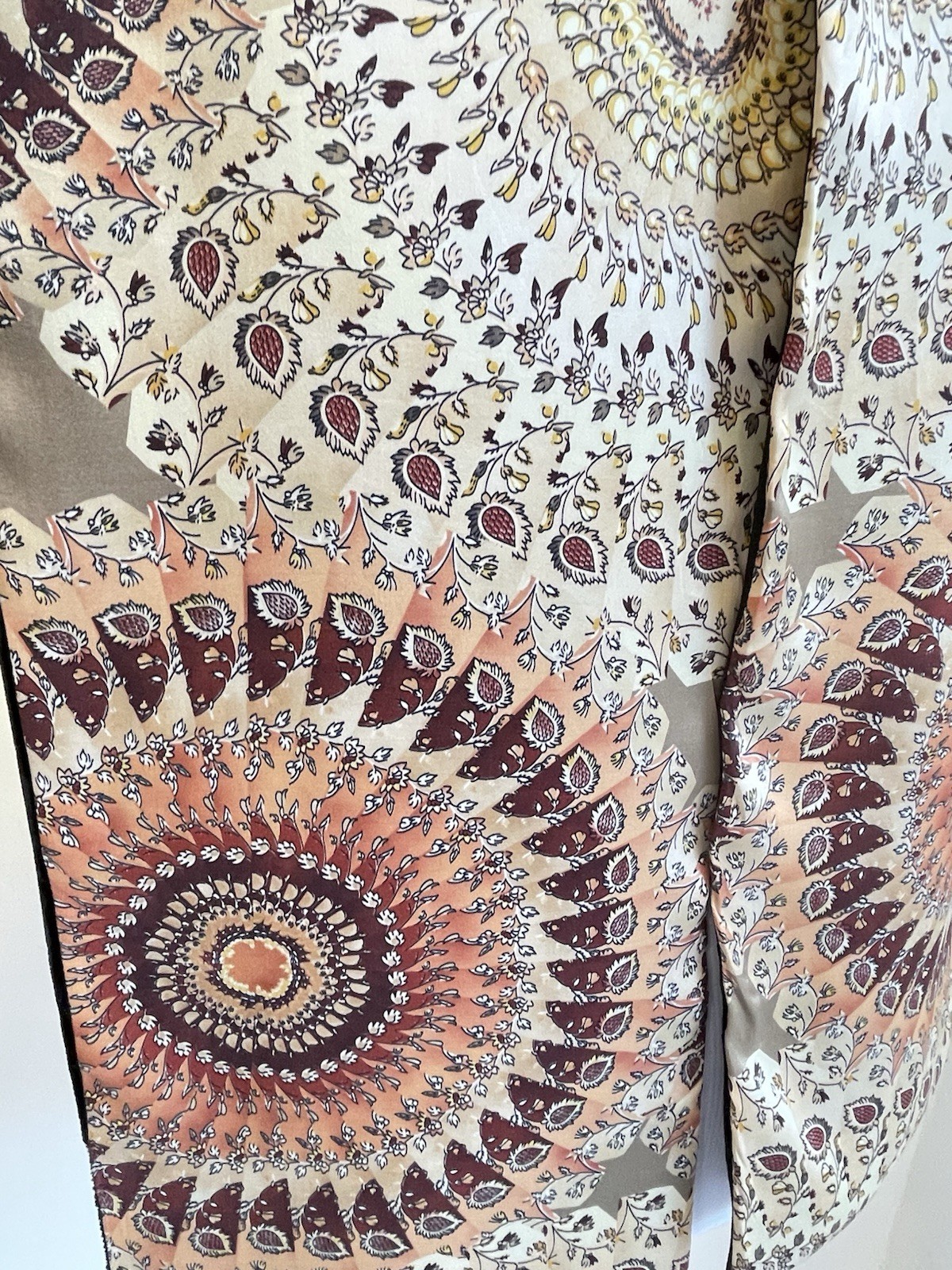 AS4# Mandala Floral Print Beige Brown Orange Viscose Silk Blend Scarf Italy Made