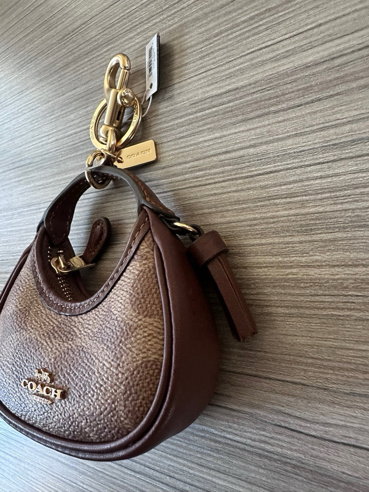 NWT Coach Signature Canvas Mini Carmen Bag Charm Coin Purse Gold Tan Brown CBK67