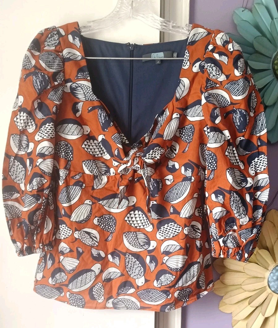 Eva Franco Anthropologie Tropical Birds Sweetheart Blouse Size 4 Knot Tie Front