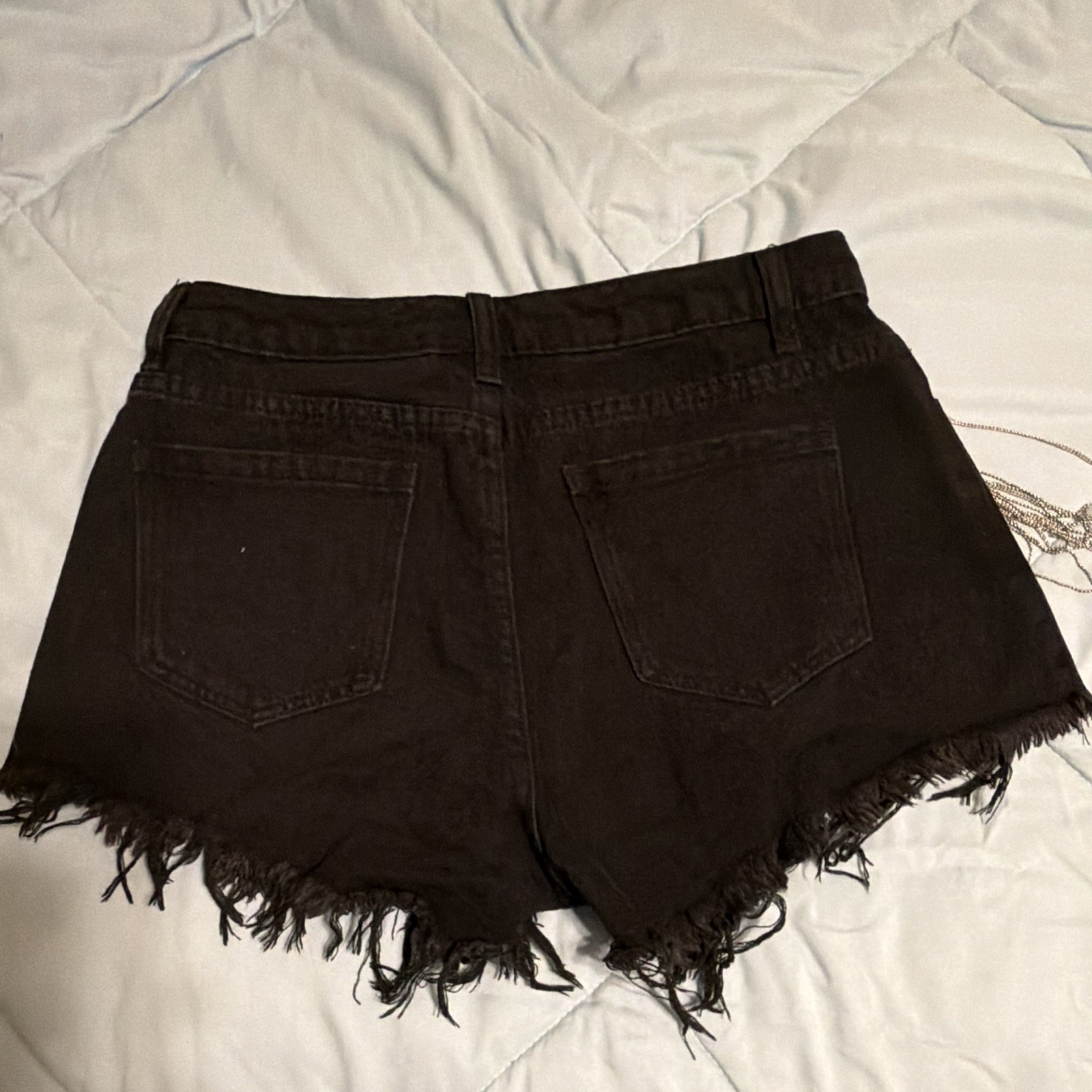 SHEIN Black Denim Cut Off Shorts High Rise Frayed Fringe Hem Pockets L