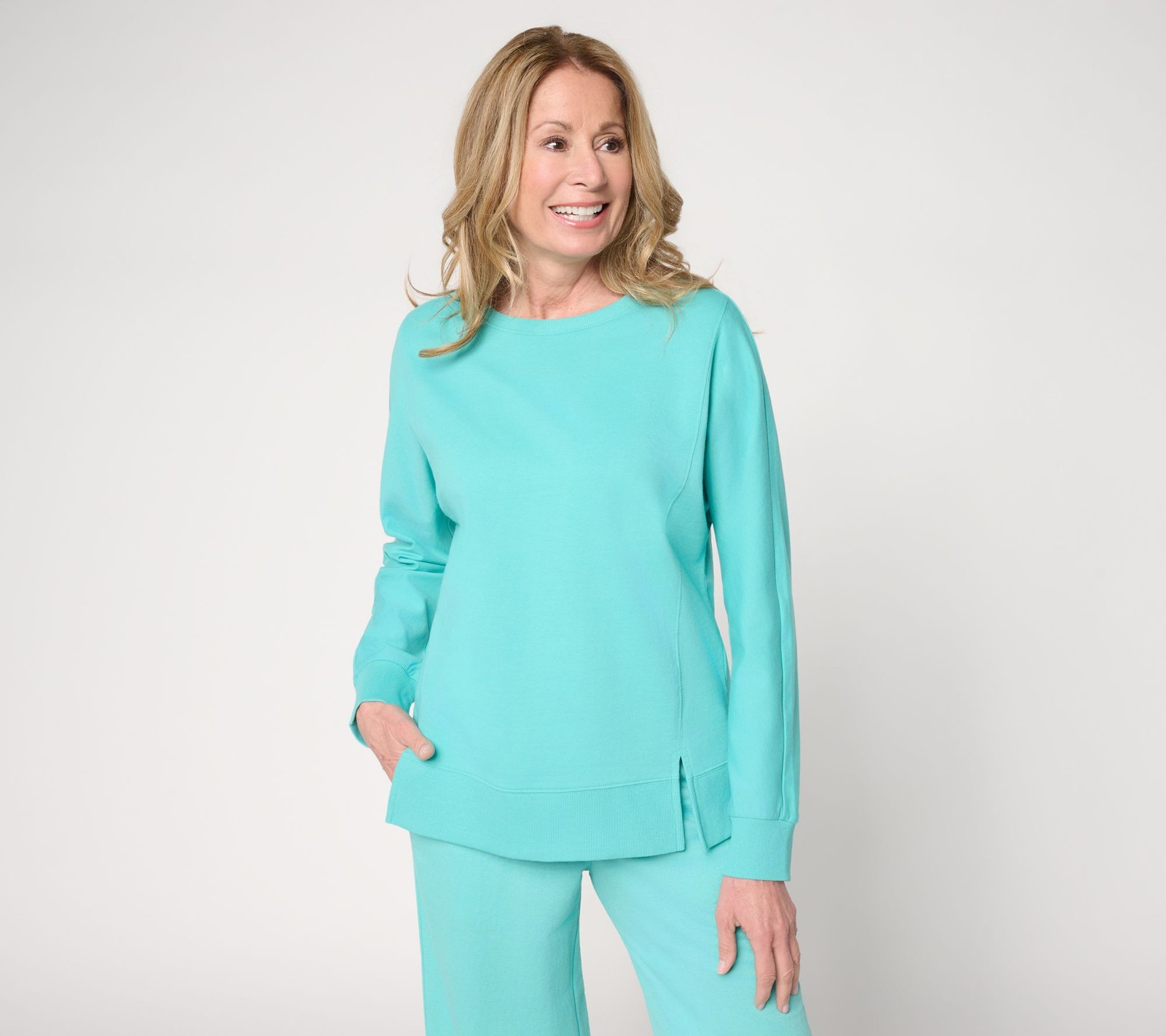 Belle by Kim Gravel French Terry Topstitched Double Vent Top CoastalTurq/Mrn S N