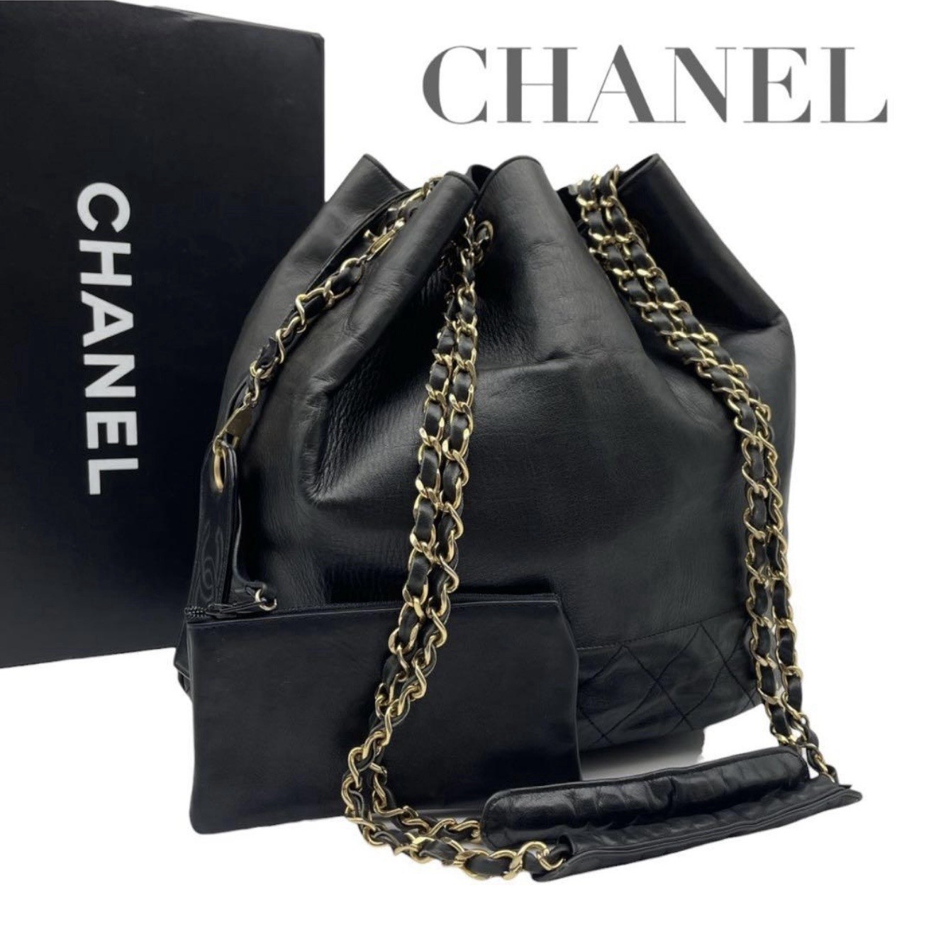 Authentic Vintage CHANEL Matelasse Drawstring Chain Shoulder Bag Leather 6705