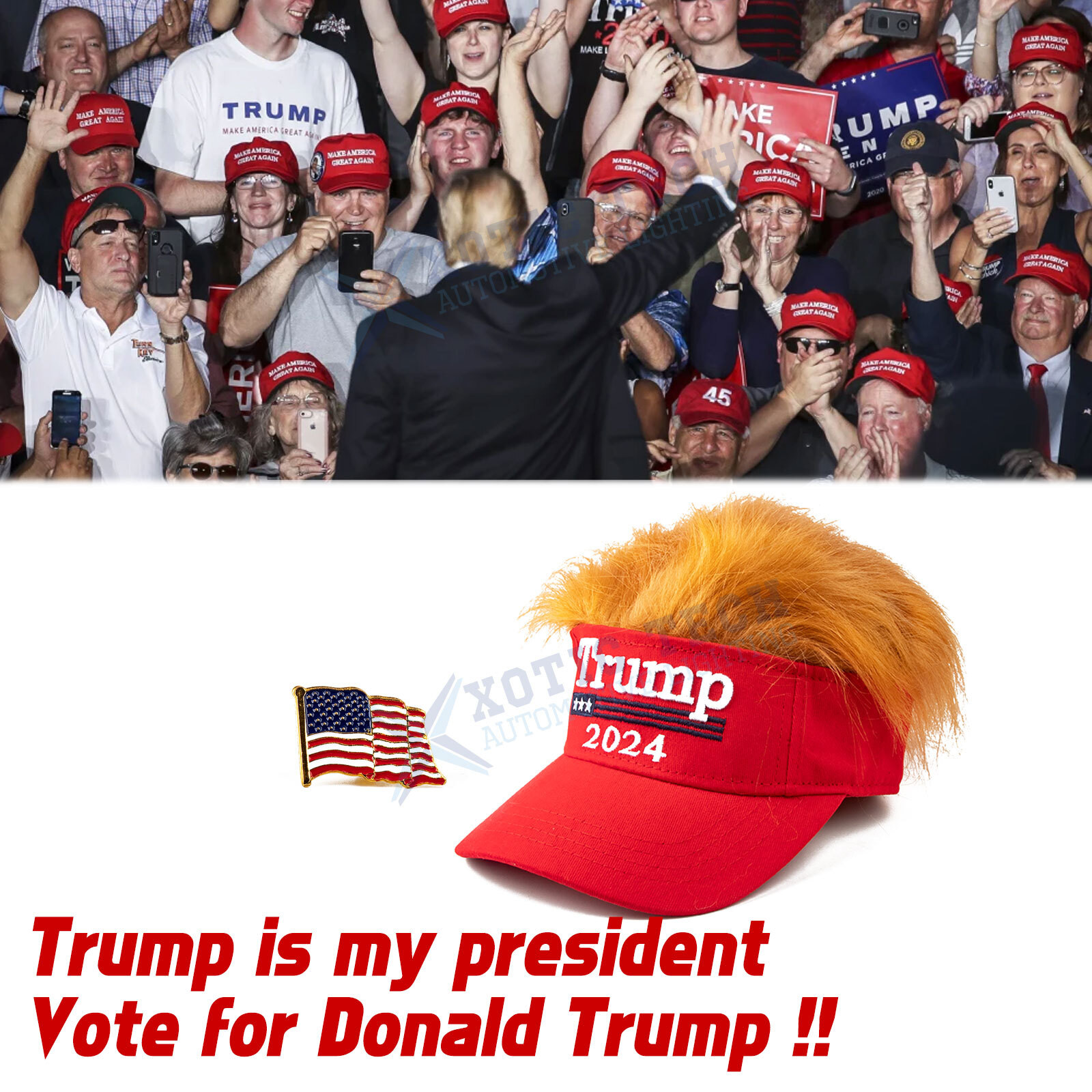 Trump 2024 Hat with 3D Fake Hair Ultra Embroidered Adjustable MAGA Baseball Cap