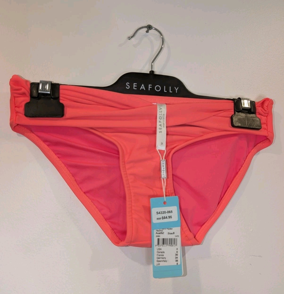 Seafolly Bikini Bottoms Twist Band Hipster Red Hot Size 8 New Tags RRP $64.95