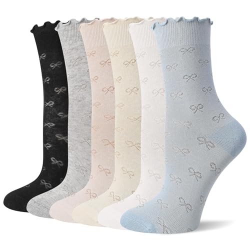 6 Pairs Women’s Ruffle Socks Casual Cotton Black White Beige Pink Gray Blue