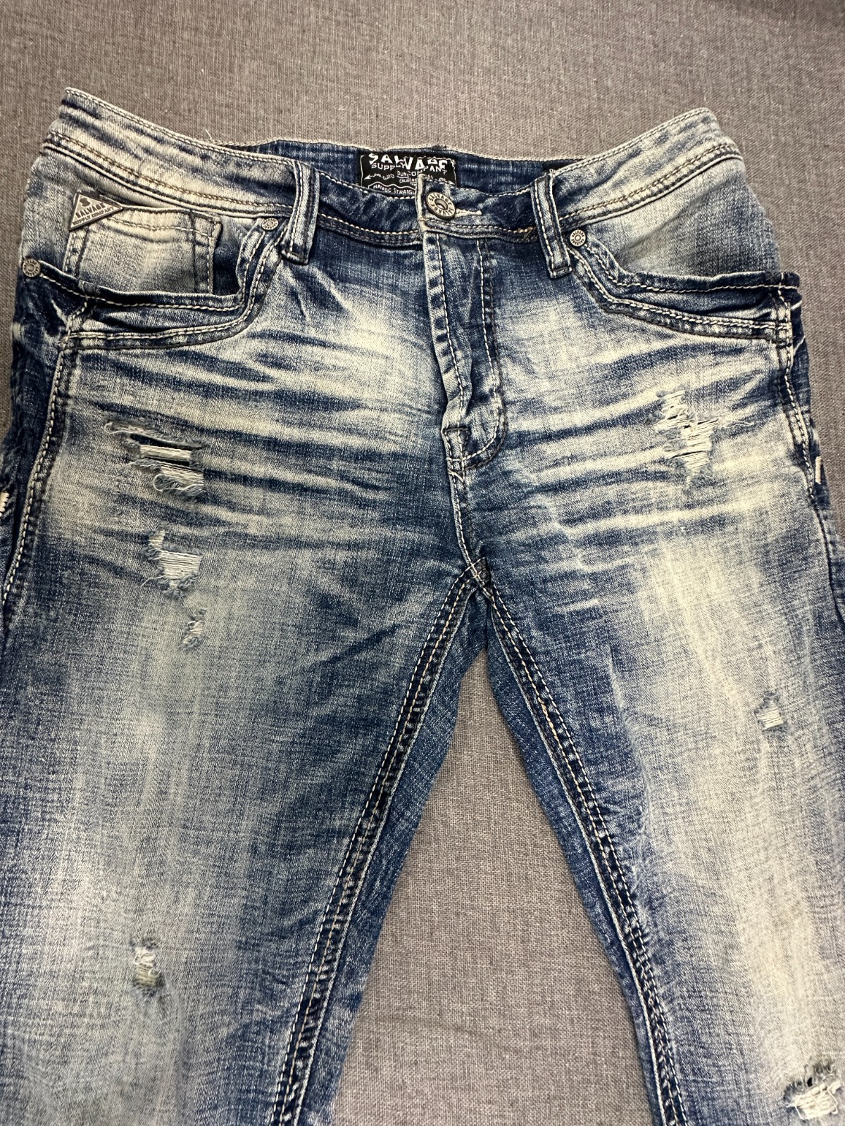 Salvage Supply Havoc Straight Slim Fit Jeans Mens 34×30 Blue Distressed Buckle