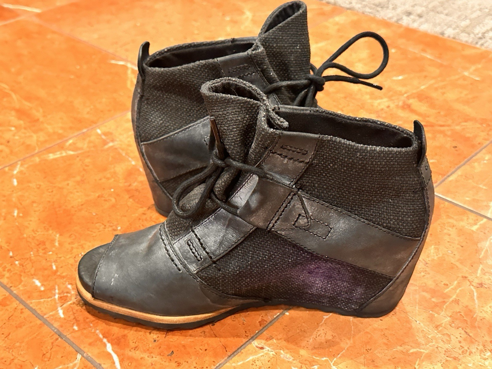Sorel Lake Open Toe Ankle Bootie Boot Black Leather & Jute Hidden Wedge 7 38 M