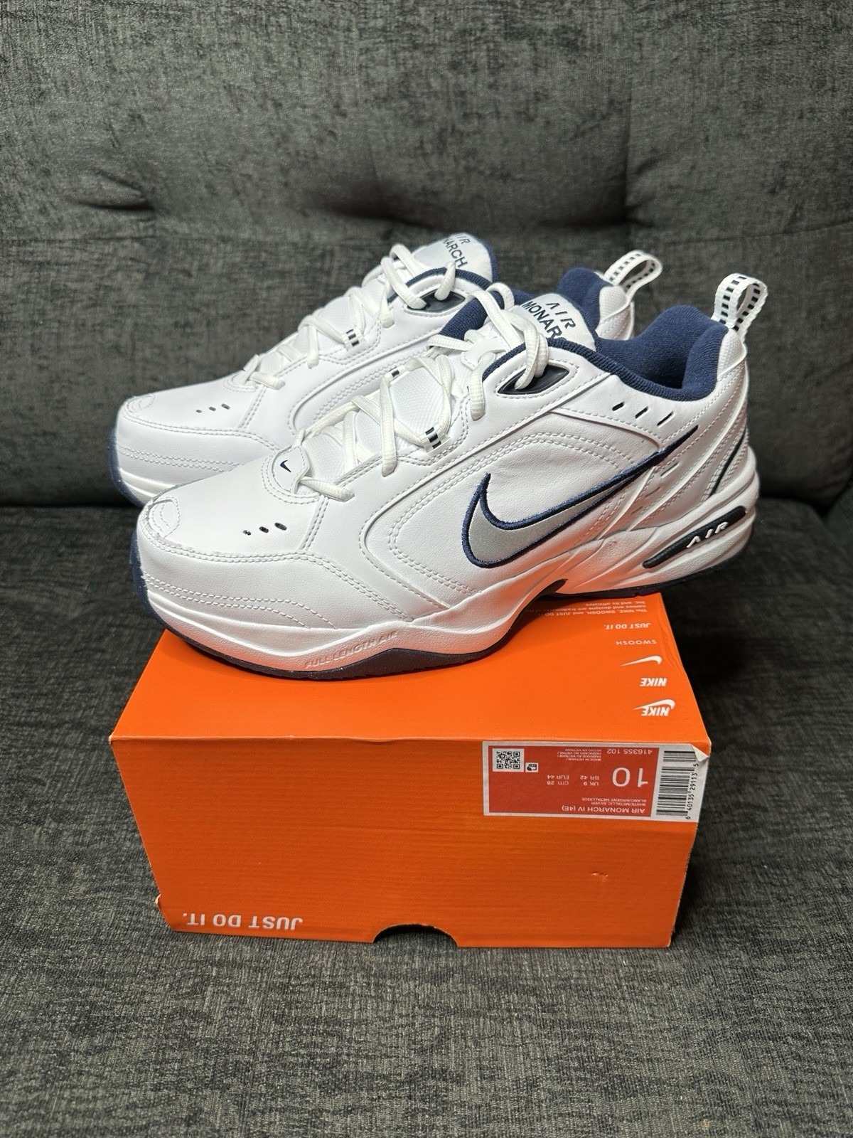 Nike Air Monarch IV 4E White Navy Mens 10 Wide Training Shoe 4E 416355-102 New
