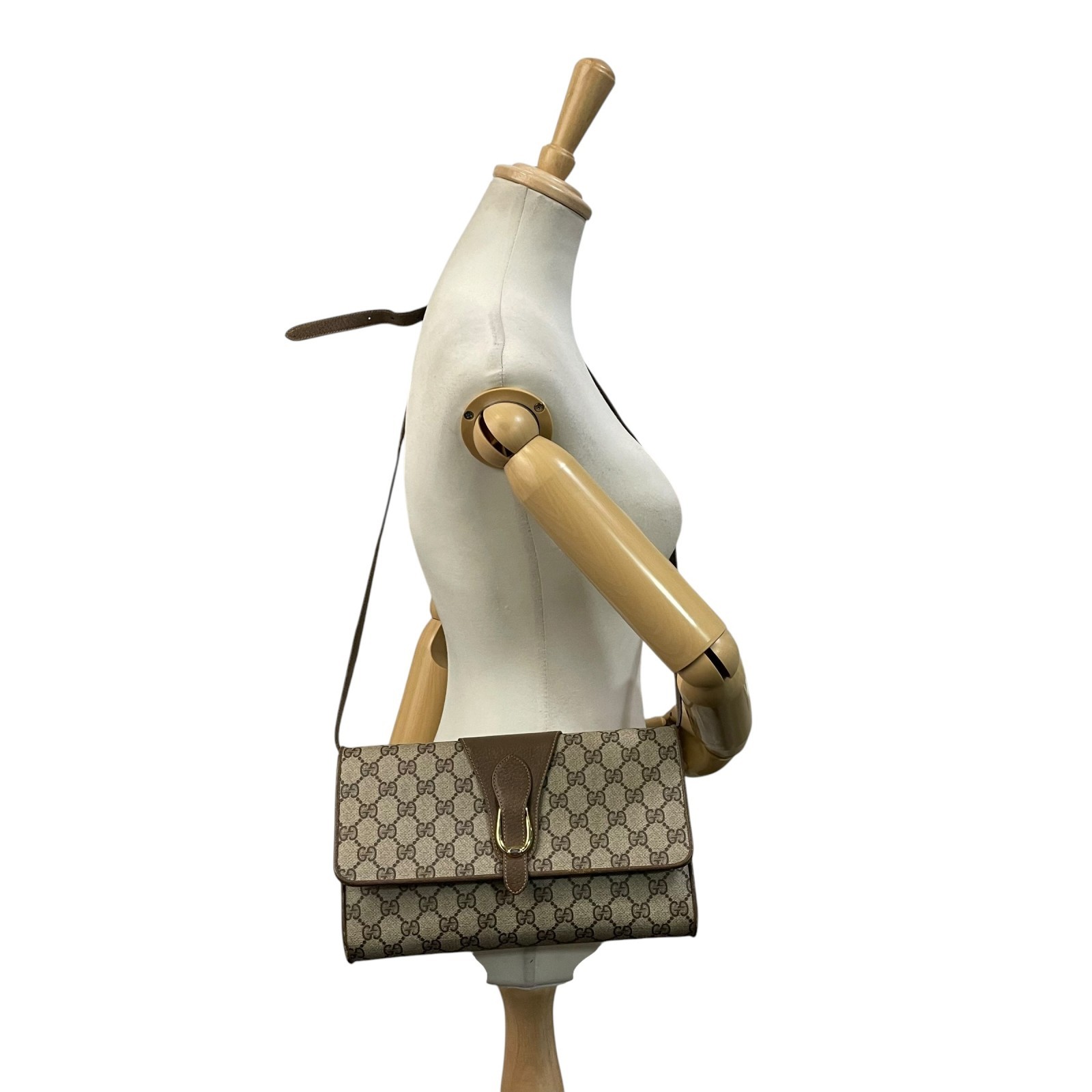 Authentic GUCCI GG Plus PVC Leather Shoulder Bag Messenger Grey Brown Gold