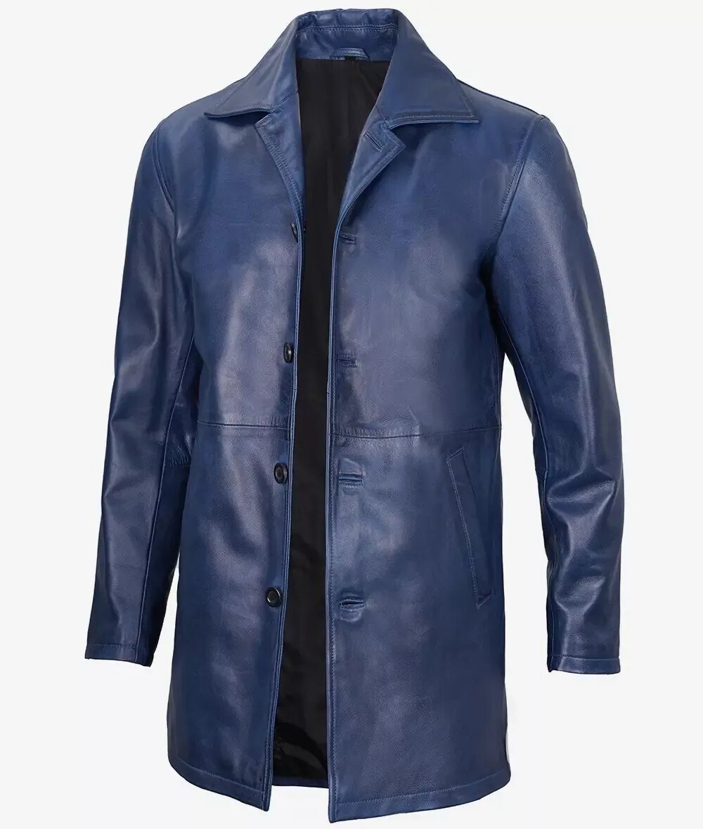 Men’s 3qtr Coat Button Closer Blue Real Sheep Leather Jacket Coat Lamb Skin Gift