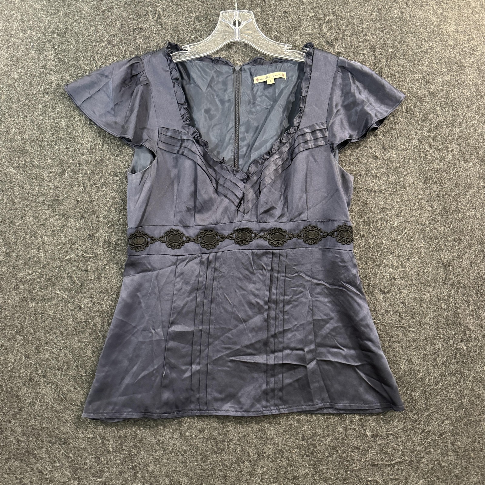 Nanette Lepore Blouse Women’s 8 Blue Silk Embroidered Ruffle V Neck Cocktail Top