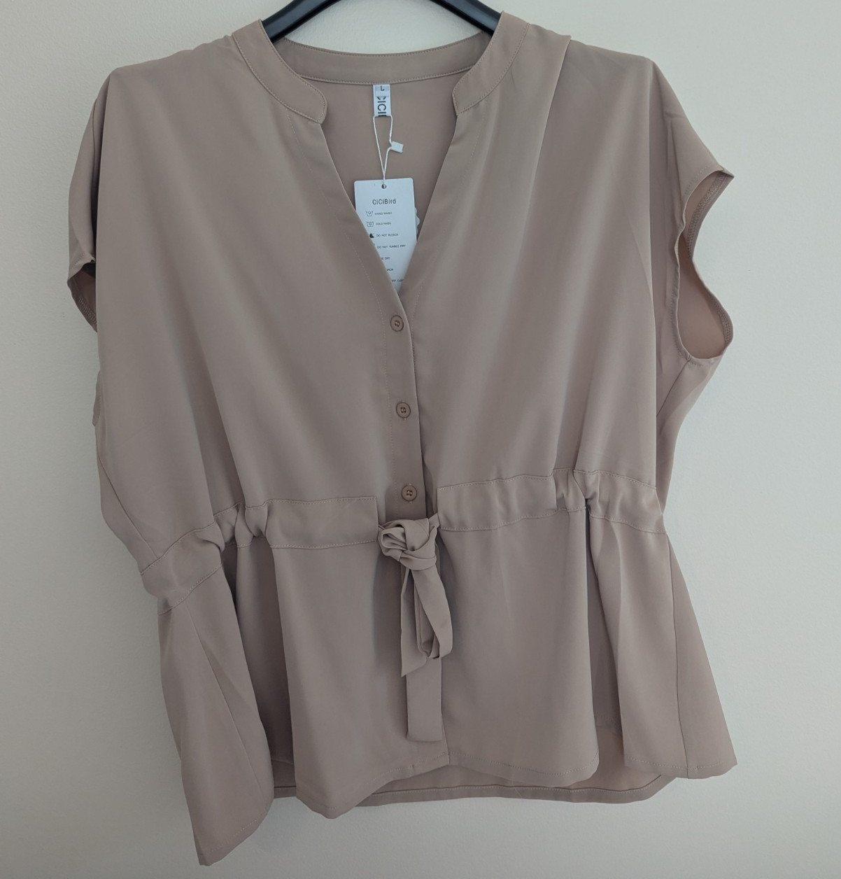 Women’s Taupe Tie-Waist Blouse | Lightweight V-Neck Button Front