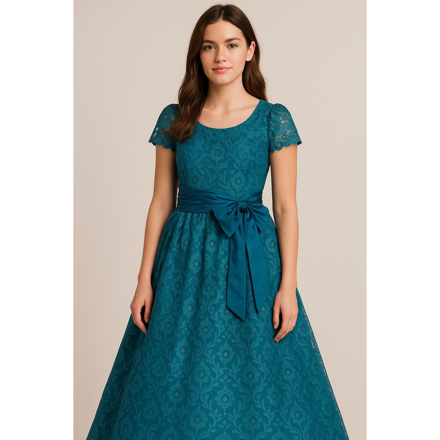 Vitnage 70s Teal Floral Lace Short Sleeve Midi Formal Prom Dress Sz 11/12