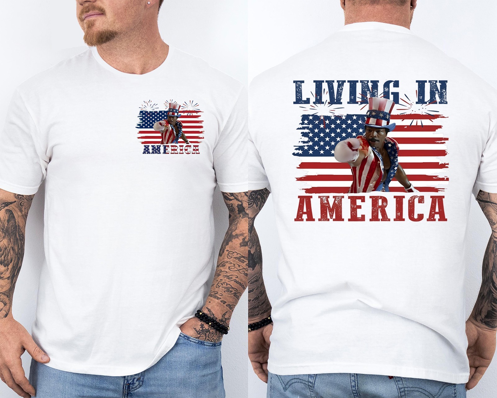 Apollo Creed Living In America T-shirt Retro USA Shirt, 4th Of July 2 Sided Tee