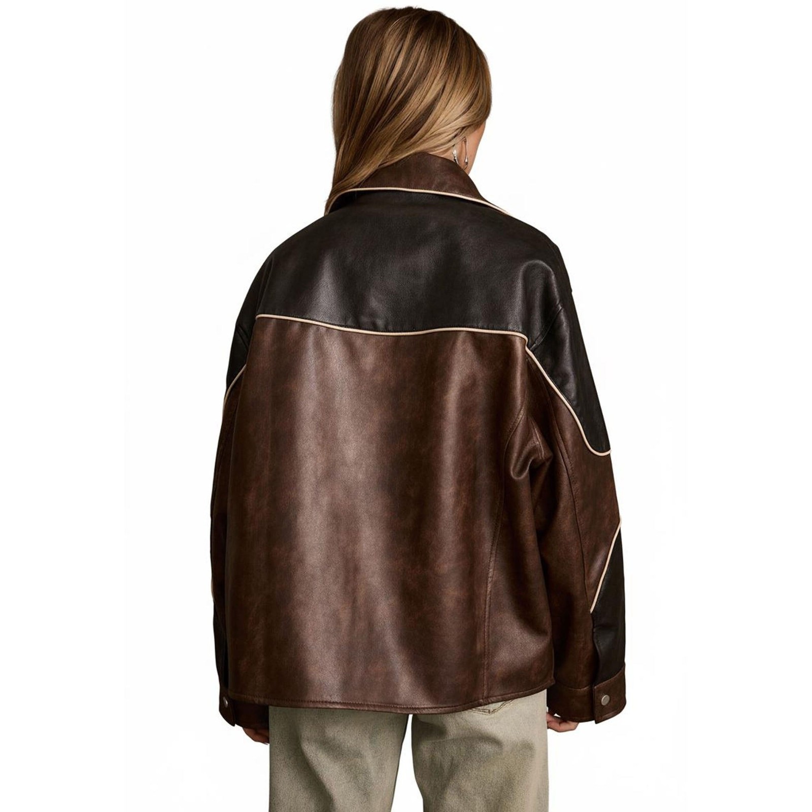 Women’s Real Leather Jacket Two Tone Brown Black Oversized Zip Up Coat