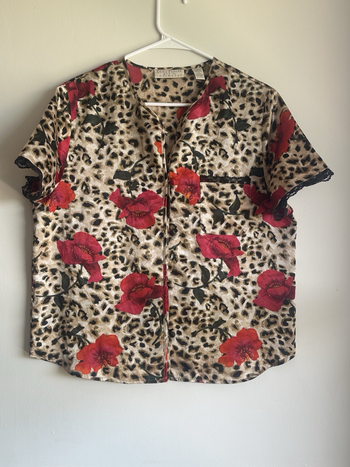 Erika Taylor Intimates Women Leopard Cheetah Print Red Rose Button Pajama Top