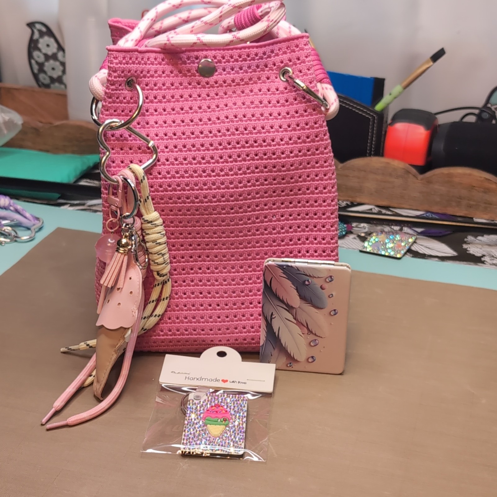 Women’s Pink Satchel Top Handle Bag, Magnetic Closure, Rhinestone Charm