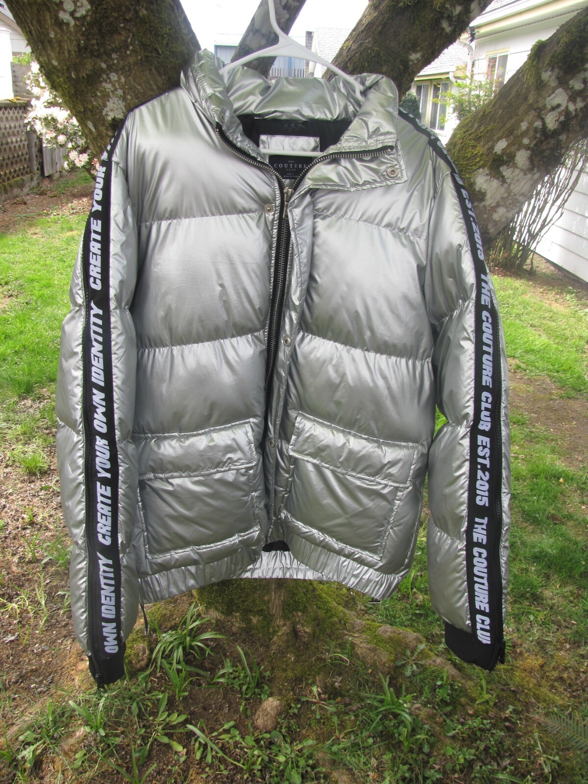 The Couture Club Designer Puffer Jacket Metallic Silver Size Large-RARE FIND!