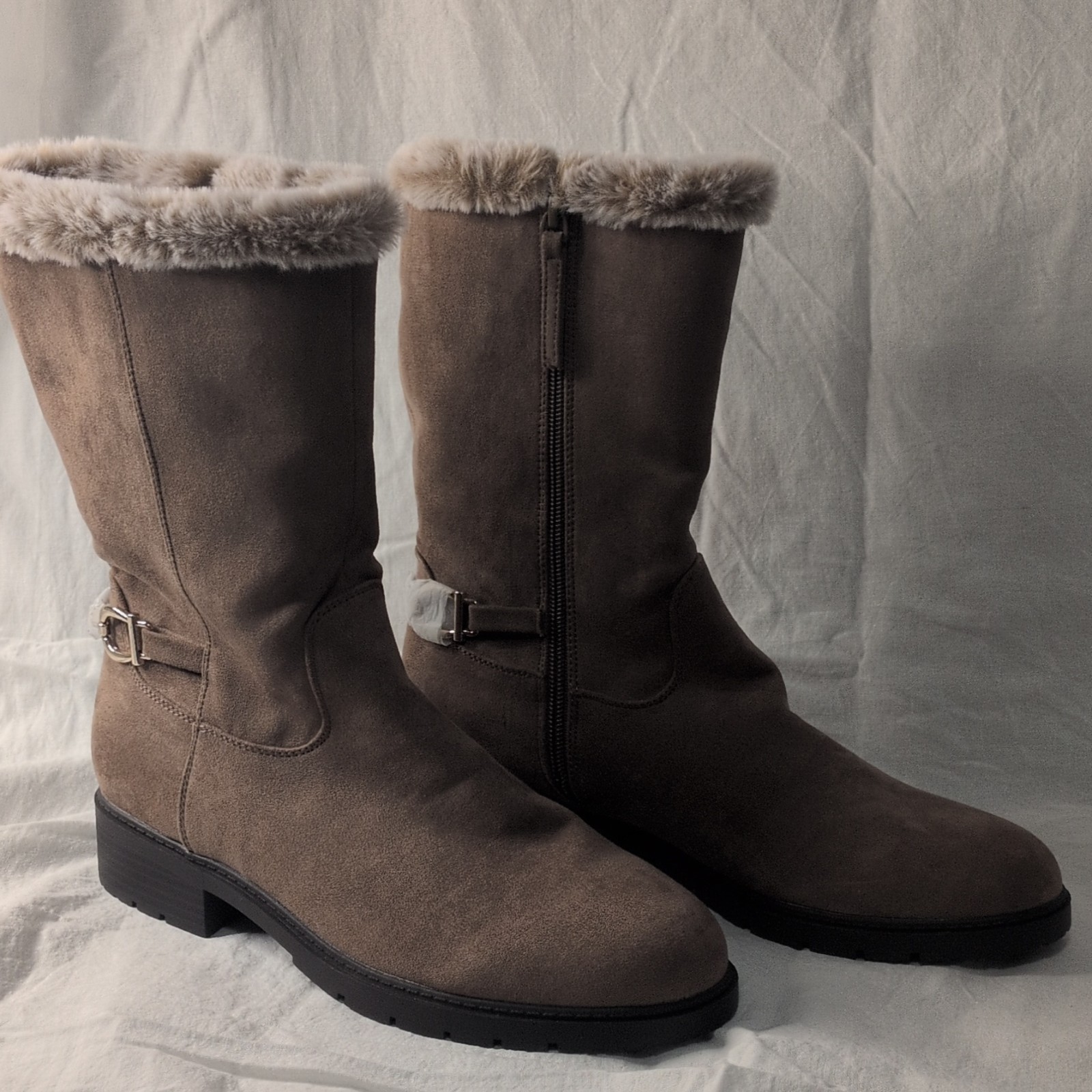 Anne Klein Filomena Faux Suede Mid Calf Boots-Size 9.5 M-Faux Fur Lined-Tan-NEW