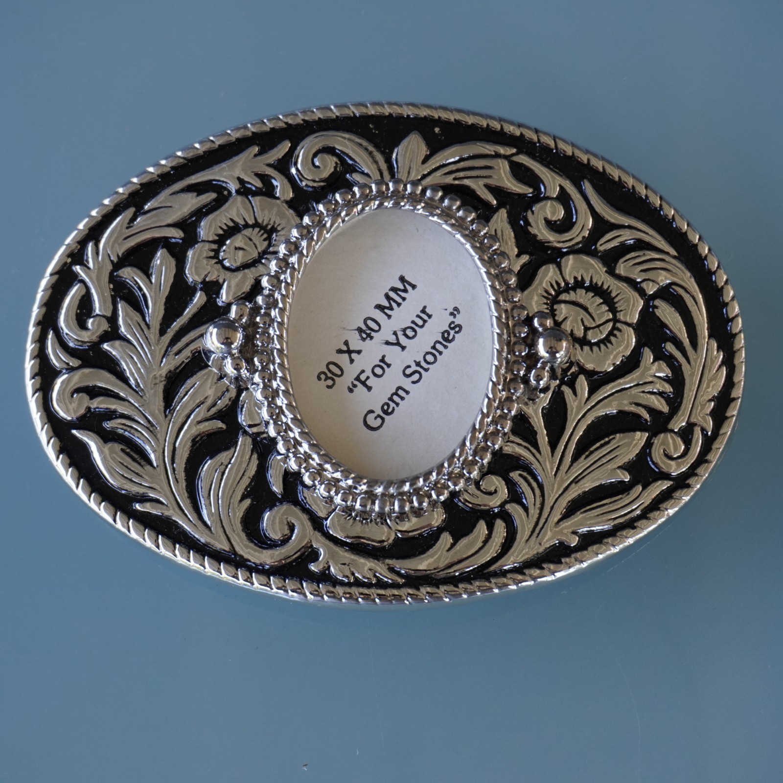 Vintage Western Belt Buckle Blank 30x40mm Cabochon Frame Floral Silver Made in U