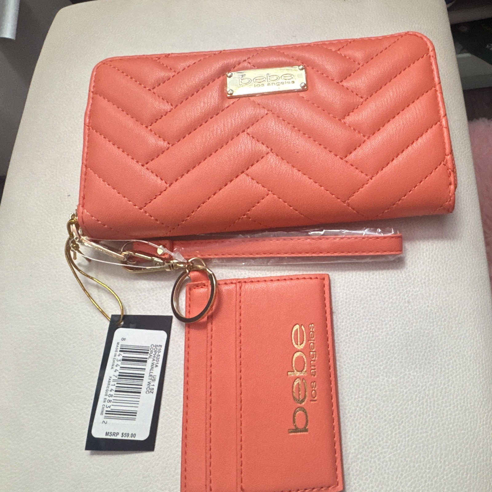 bebe Los Angeles Pink Quilted Zip-Around Wallet, Logo Zipper, Folding