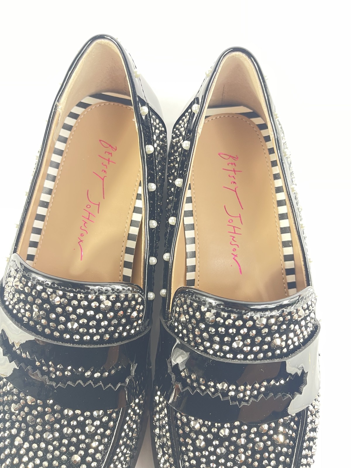 Betsey Johnson Shoes Womens Size 6.5 Black Rhinestone Loafers Studded Pearl Flat