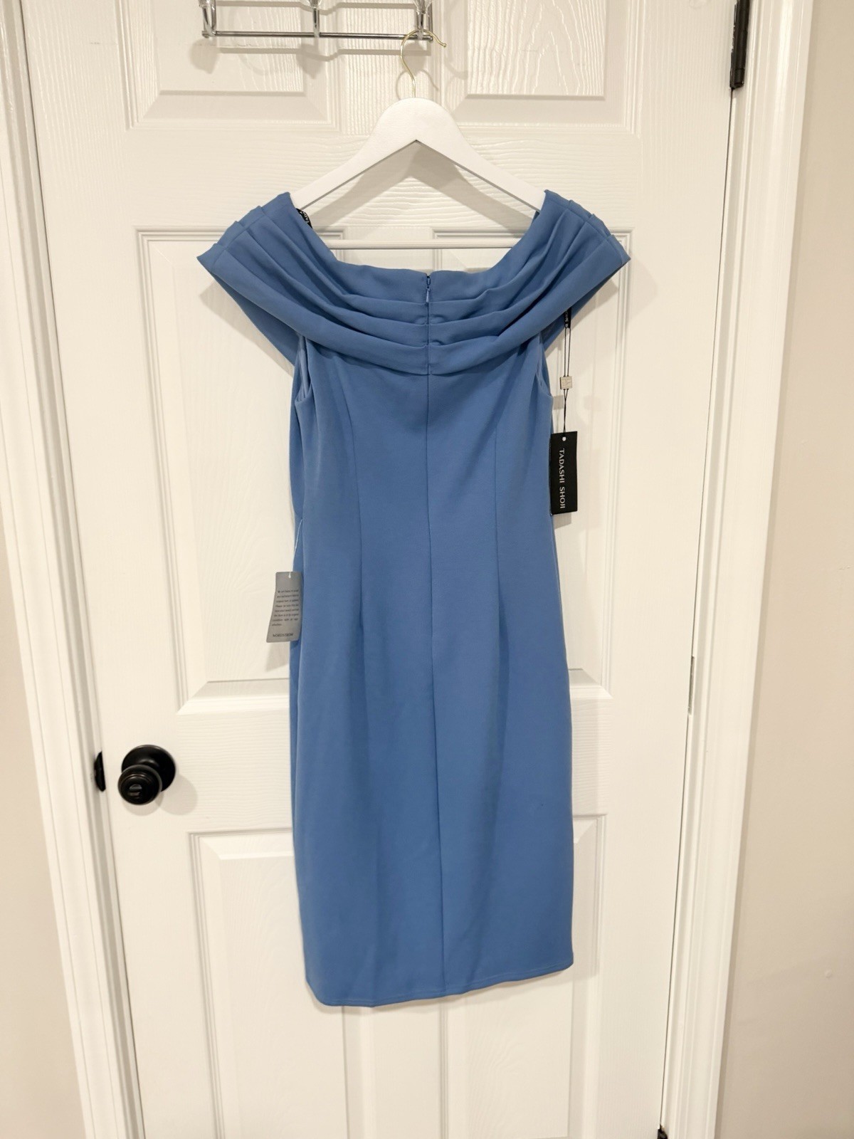 Tadashi Shoji NWT Blue Quiet Luxury Off Shoulder Wedding Guest Sheath XS Dress