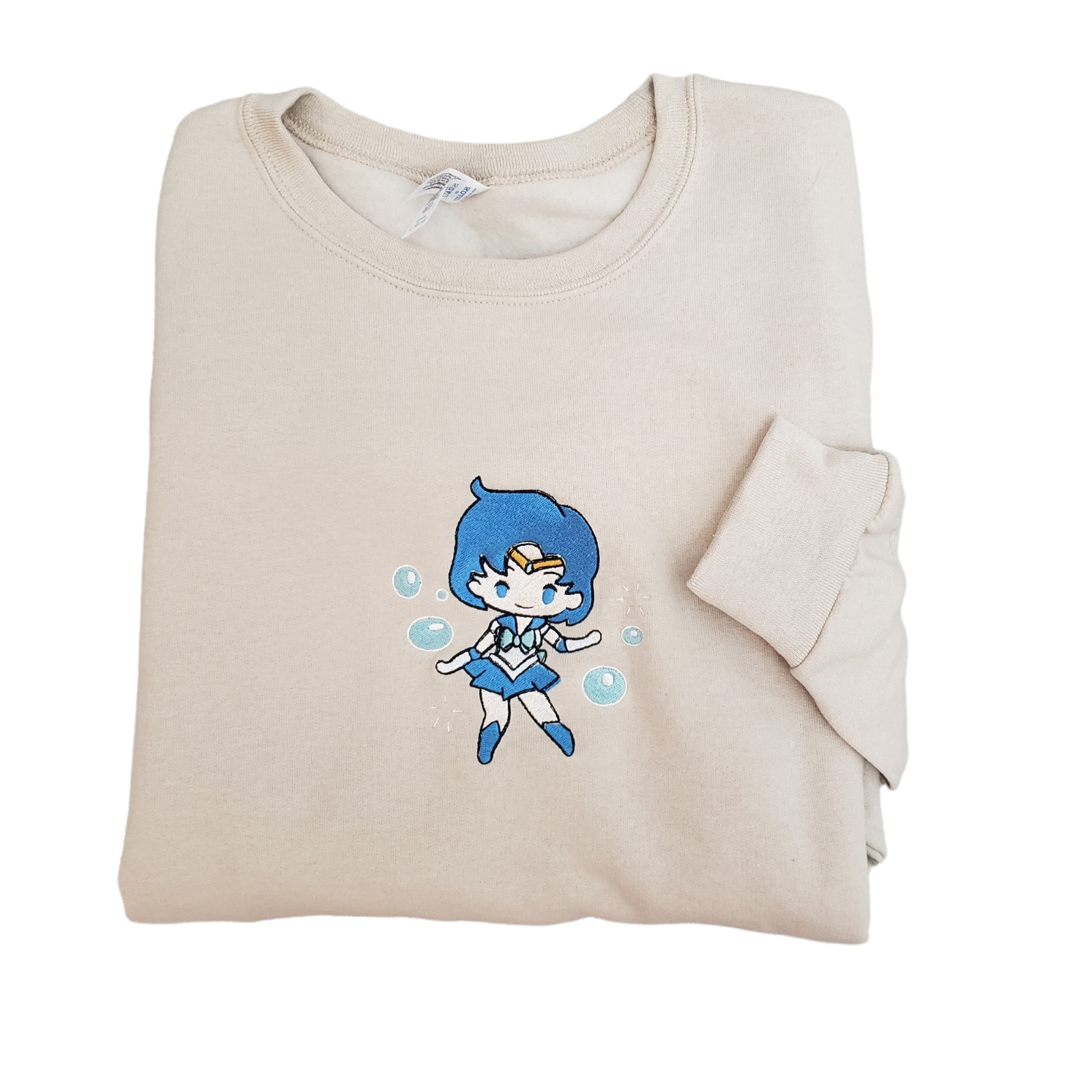 Sailor Mercury Embroidered Crewneck Sweater Beige Size L Kawaii Anime Crystal
