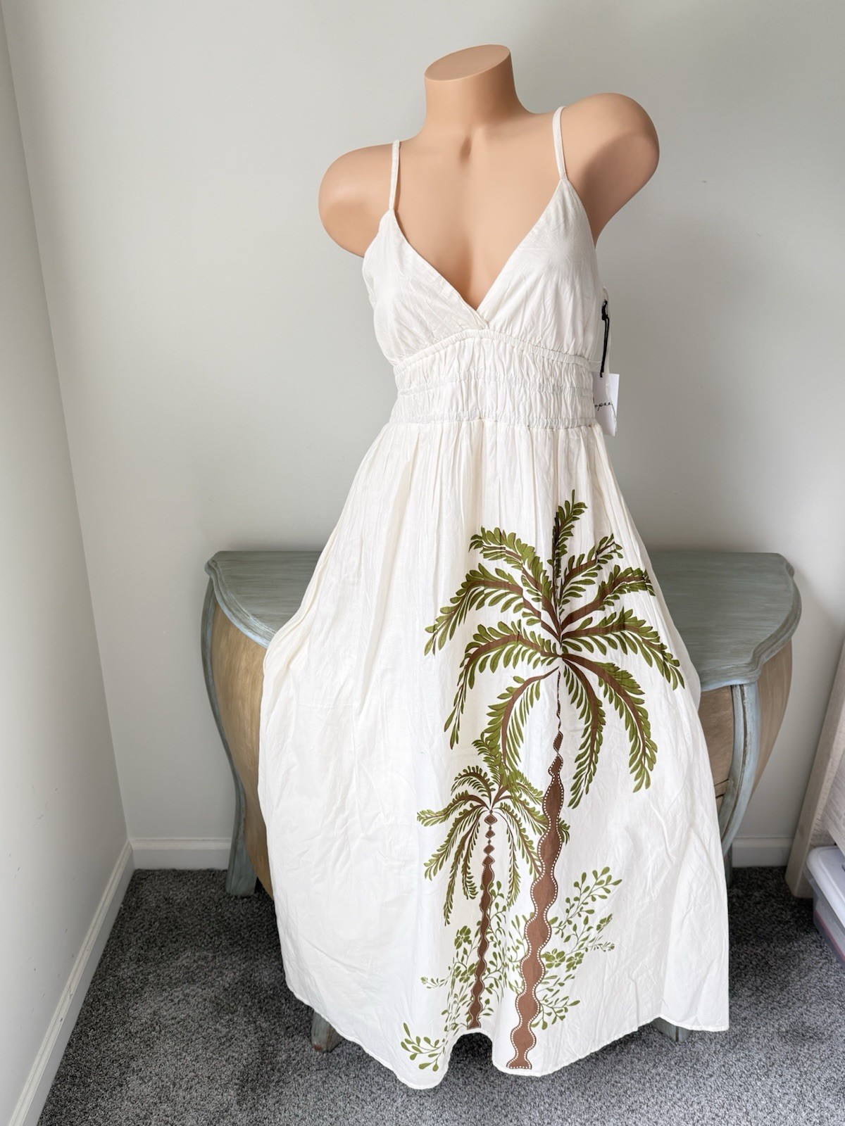 Tropical Palm Coconut Tree 100% Cotton Maxi Dress Medium Ivory NWT Farm Rio-Feel