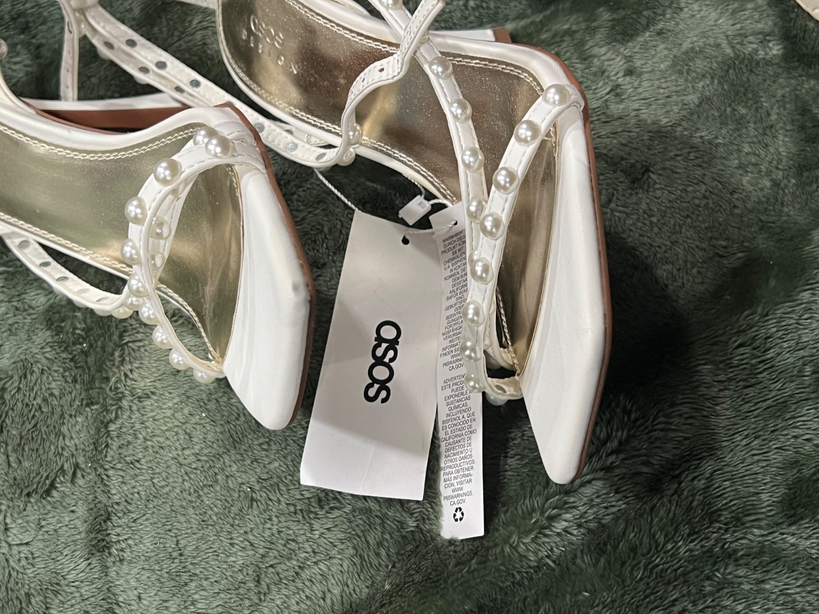 ASOS DESIGN Hotel Pearl Detail Barely There Block Heel Sandals in ivory.