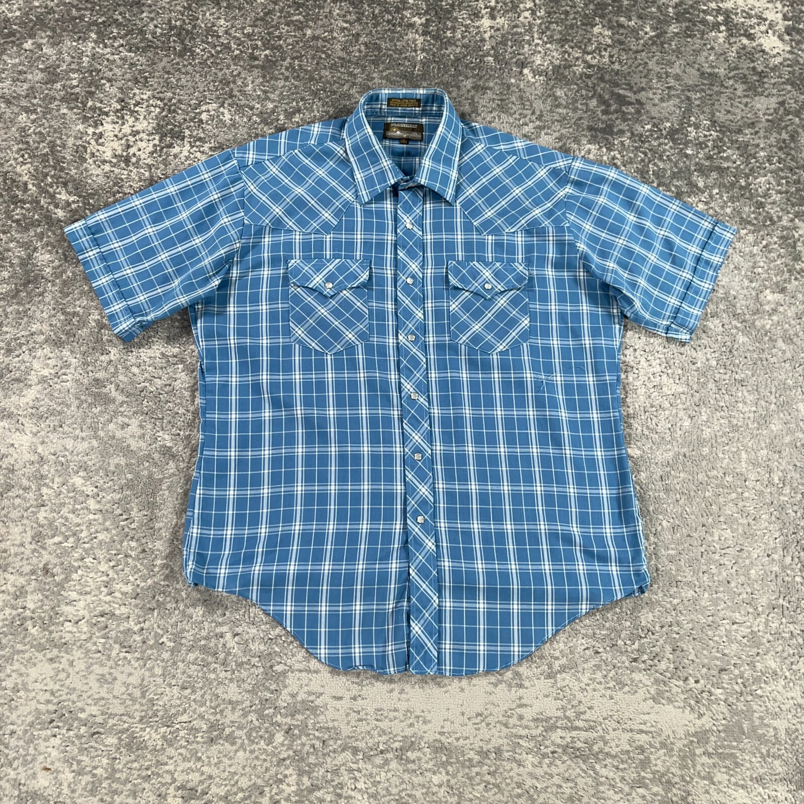 VTG Plainsman Western Shirt Mens XL Blue Plaid Pearl Snap Cowboy X Long Tails