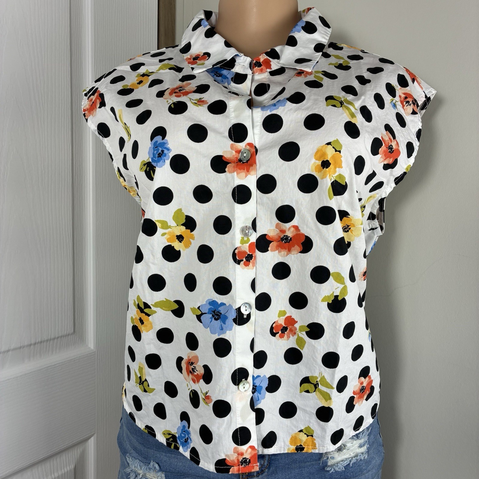 Marc New York Womens Blouse Sz L Floral Polka Dot Button Up Cropped Spring Fresh