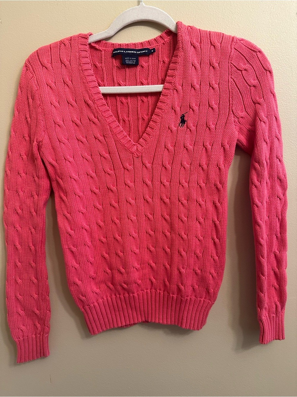 Ralph Lauren Coral Cable-Knit V-Neck Sweater Size M