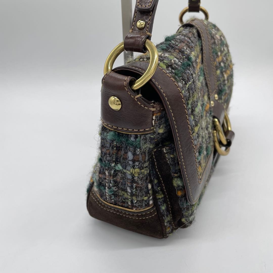 COACH 8F18 Shoulder Bag Handbag Wool Leather Suede Multicolor Brown Green Blue