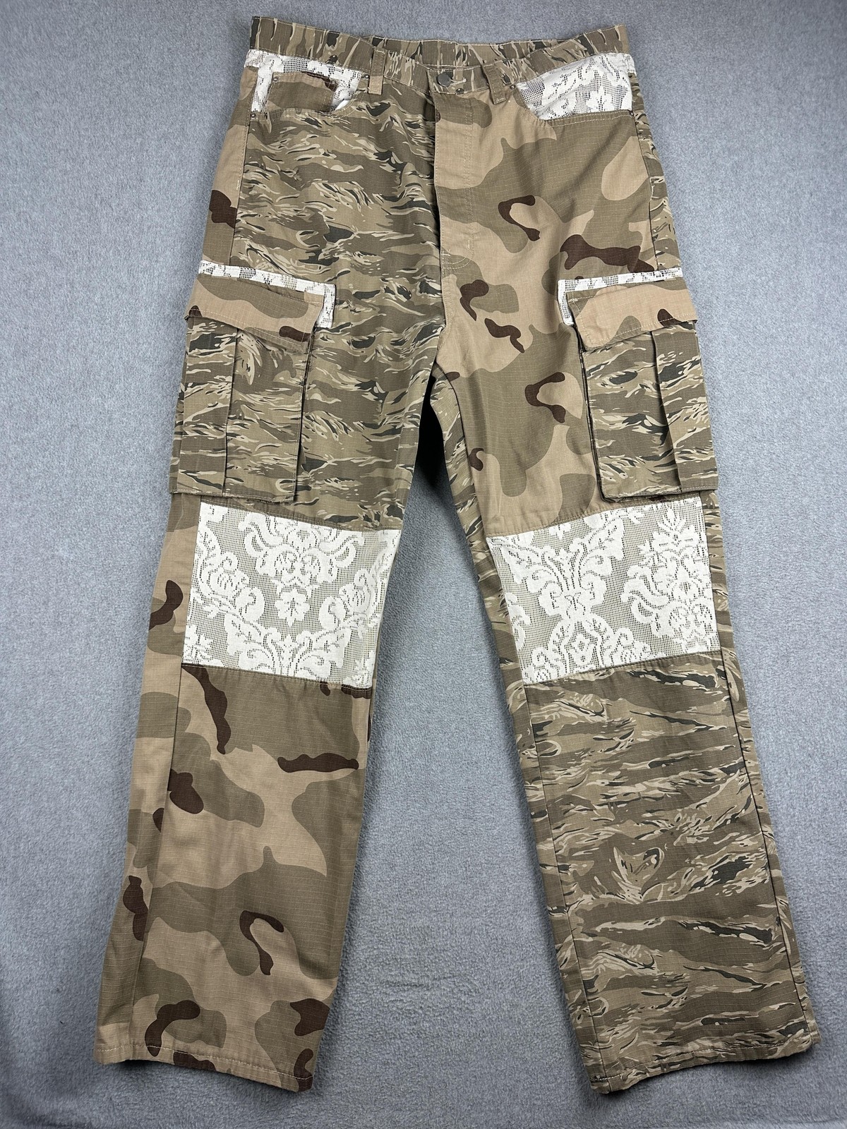 Mnml Pants Mens 34×33 Brown Camo Patchwork Cargo Lace Panel Streetwear Utility