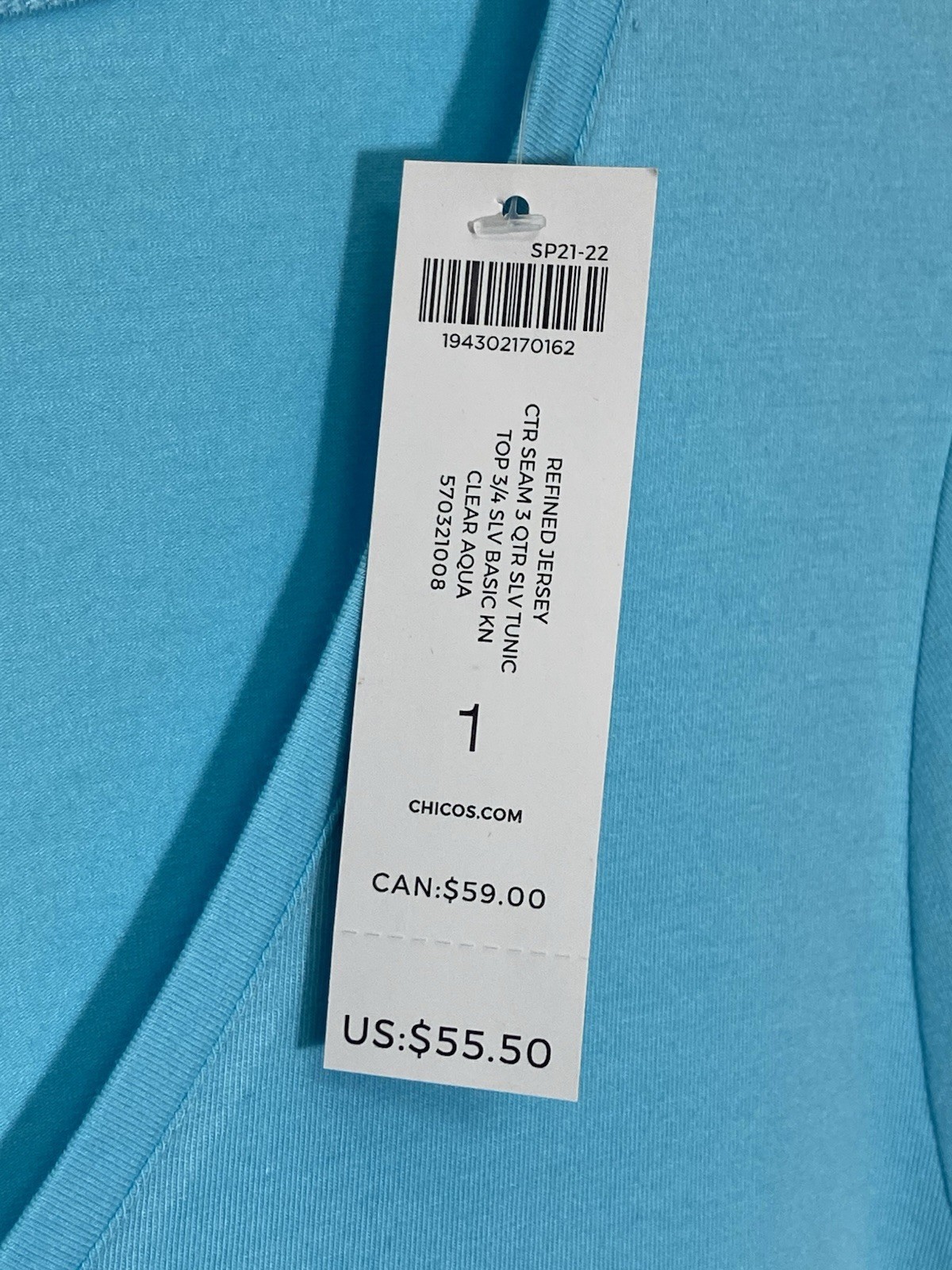 Chicos Size 1 Refined Jersey 3 Qtr sleeves Tunic Top V Neck Clear Aqua $55 NWT