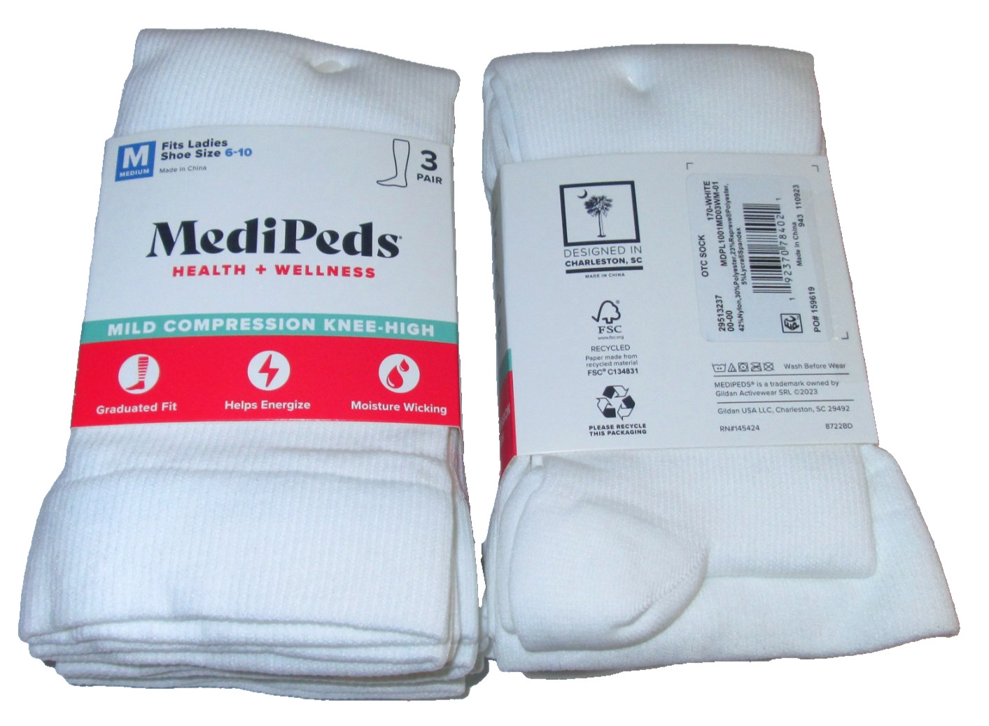 6 Pairs Womens Medipeds Mild Compression White Knee High Socks