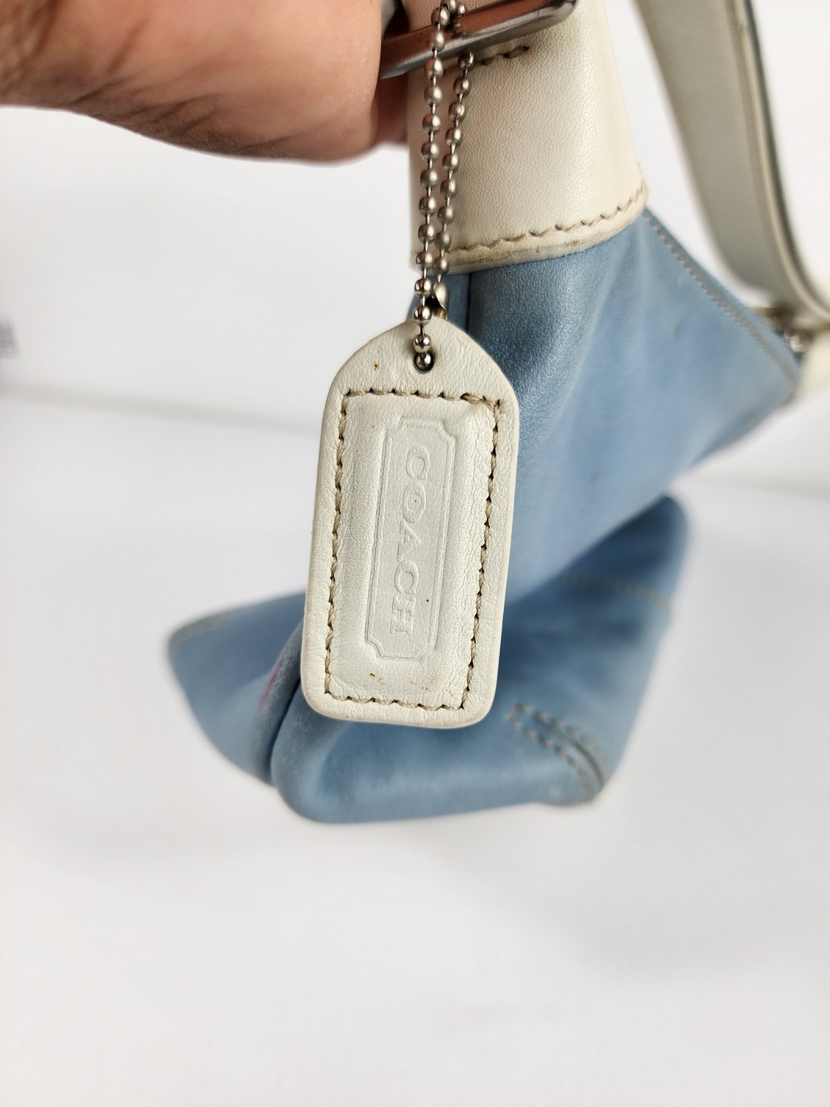 Vintage Coach 9564 Blue Leather Ergo Shoulder Bag Purse White Trim Hobo Baguette