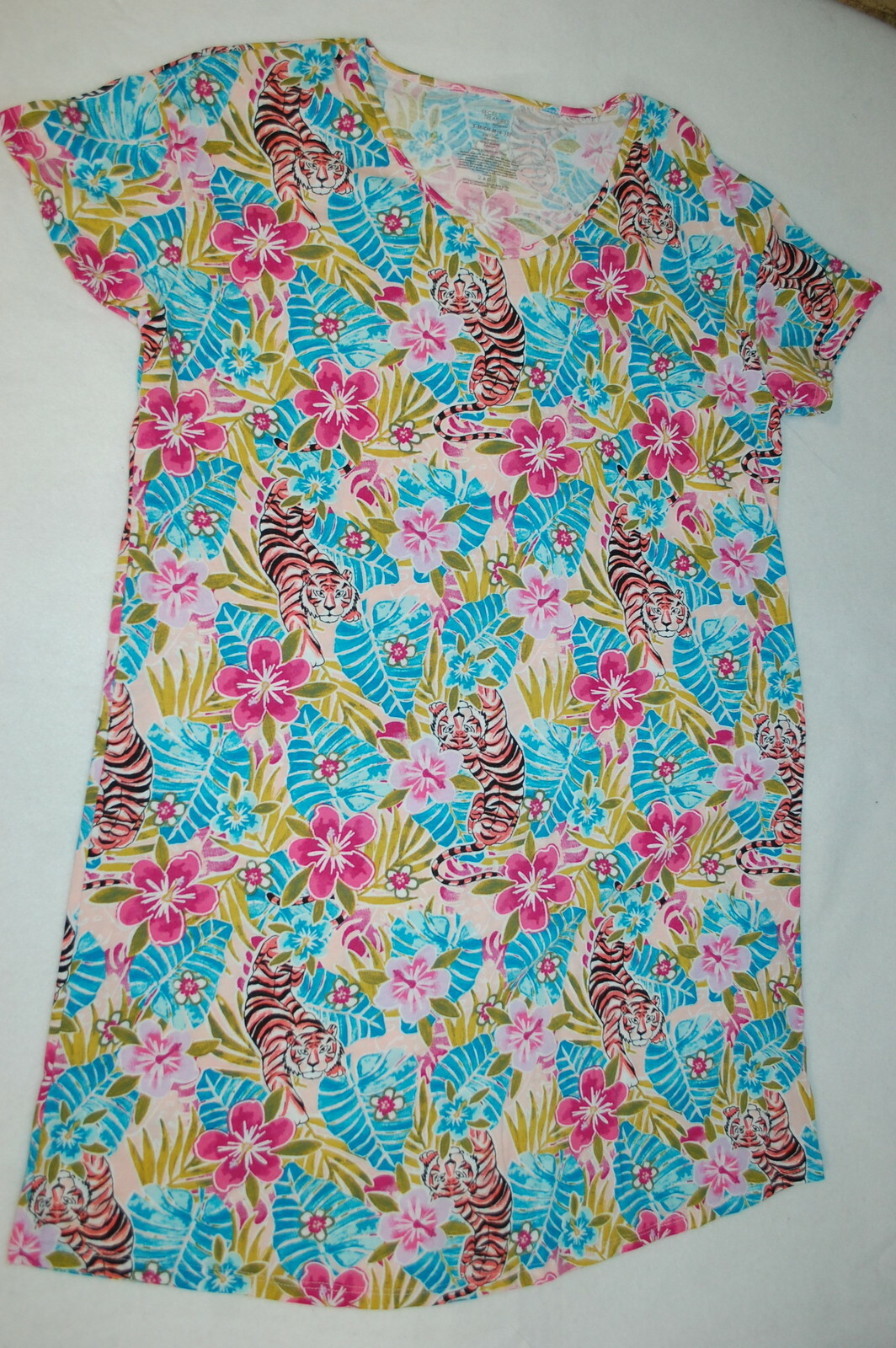 Womens Nightgown S-M L-XL 2X-3X PJs TURQUOISE Tigers TROPICAL FLOWERS