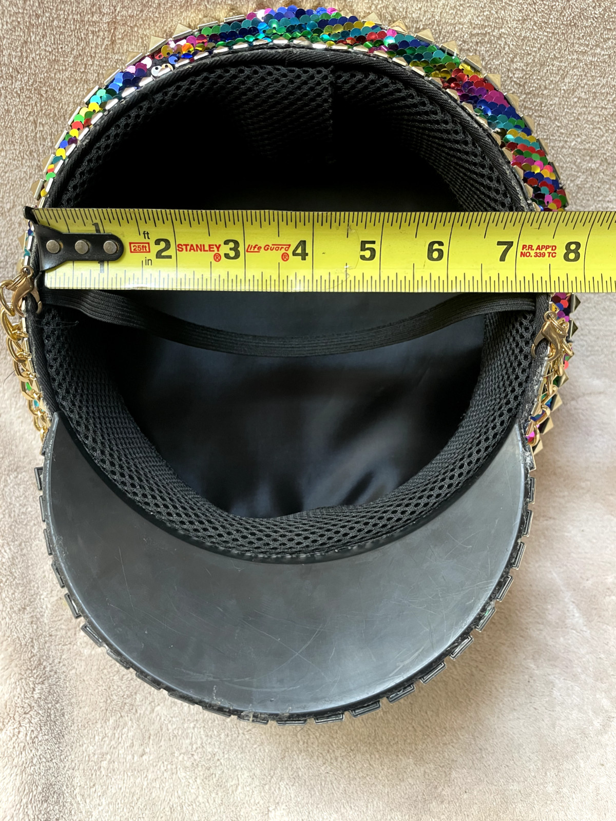 Hat Sequin Festival Military Punk Army Officer Cap 7 3/8″ Inner + Strap + Chains